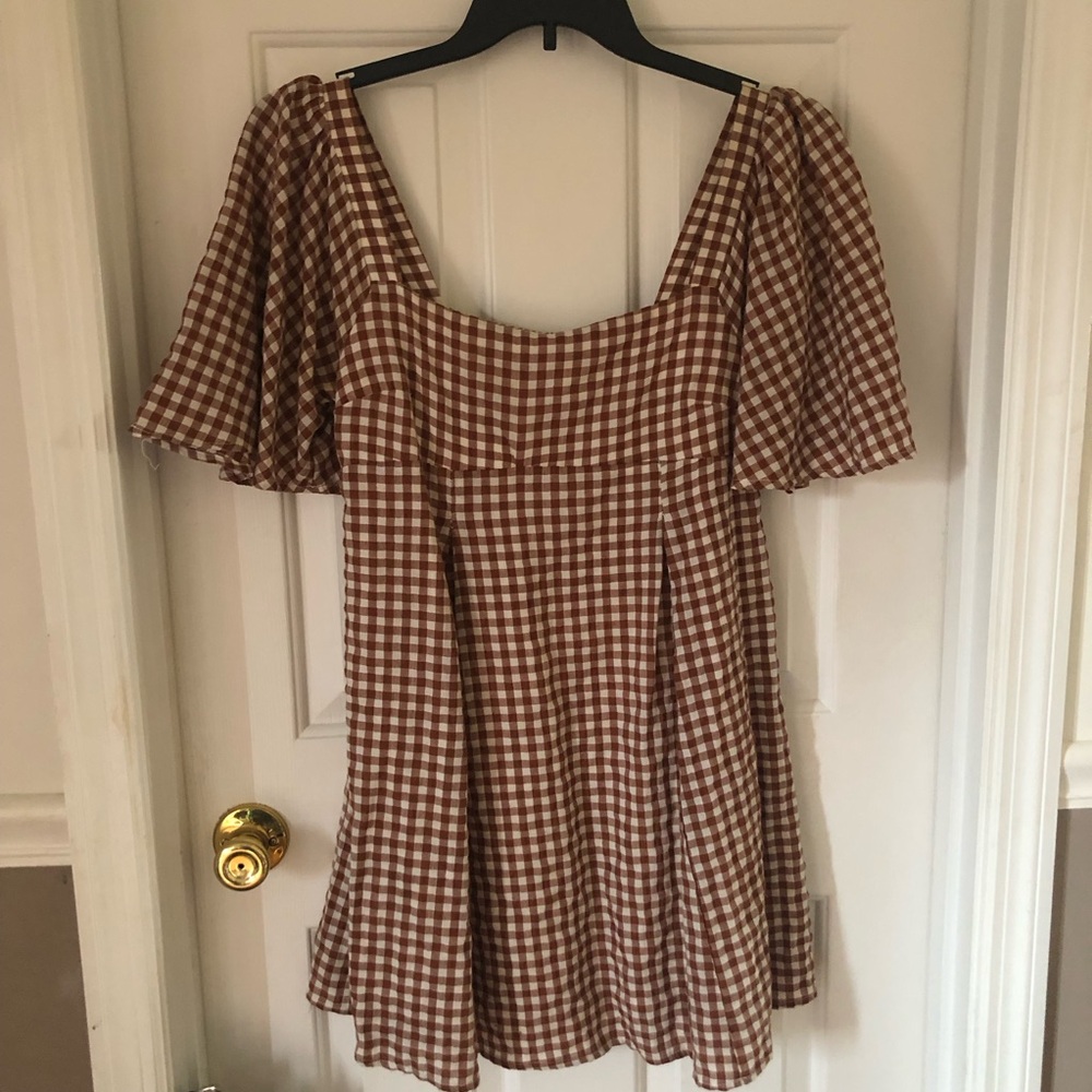 By Together Brown And Cream Gingham Babydoll Dress Size M Cotton Lined
